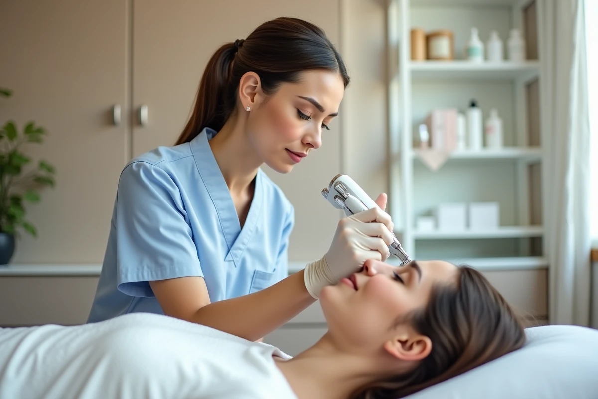 Esthéticienne pratiquant un soin de microneedling sur une cliente dans un institut de beauté professionnel