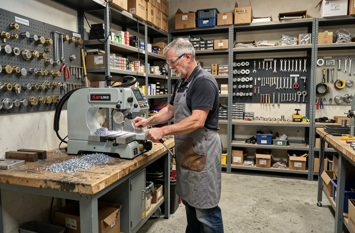 Artisan métallier de Styl Métal à Sartrouville travaillant sur des pièces de serrurerie dans un atelier équipé