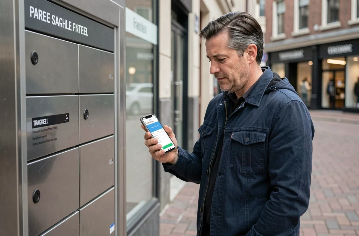Homme consultant le suivi de livraison LP Collect sur smartphone devant un point relais en ville
