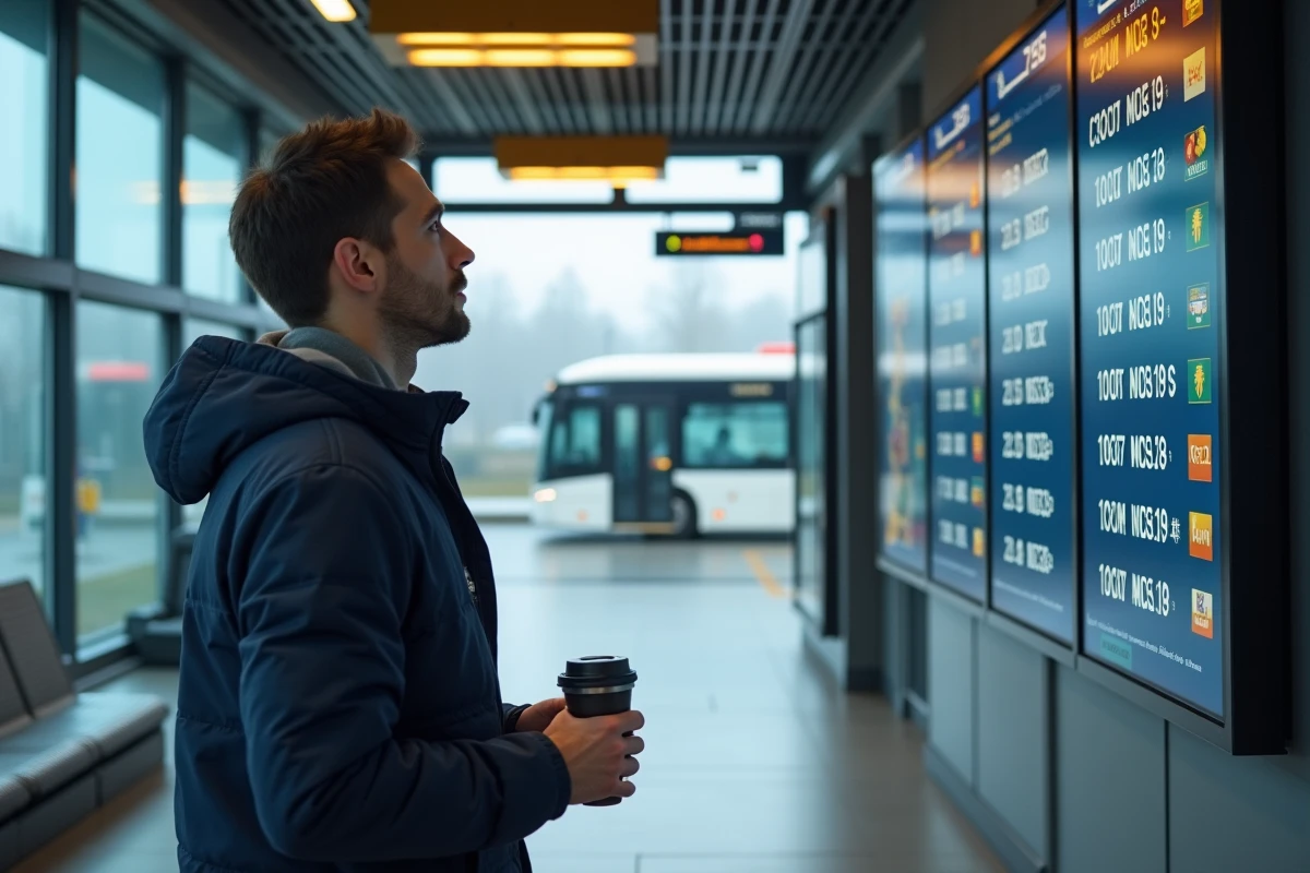 Voyageur consultant le tableau des départs du bus 172 dans une gare routière moderne