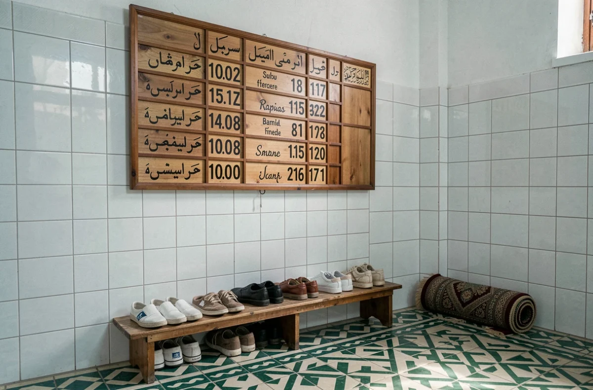 Tableau d'horaires de prière affiché dans une mosquée du quartier 13015 de Marseille