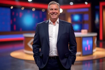 Animateur grand de taille en costume bleu marine sur un plateau de jeu télévisé, incarnant le style de Vincent Lagaf à l'époque du Bigdil