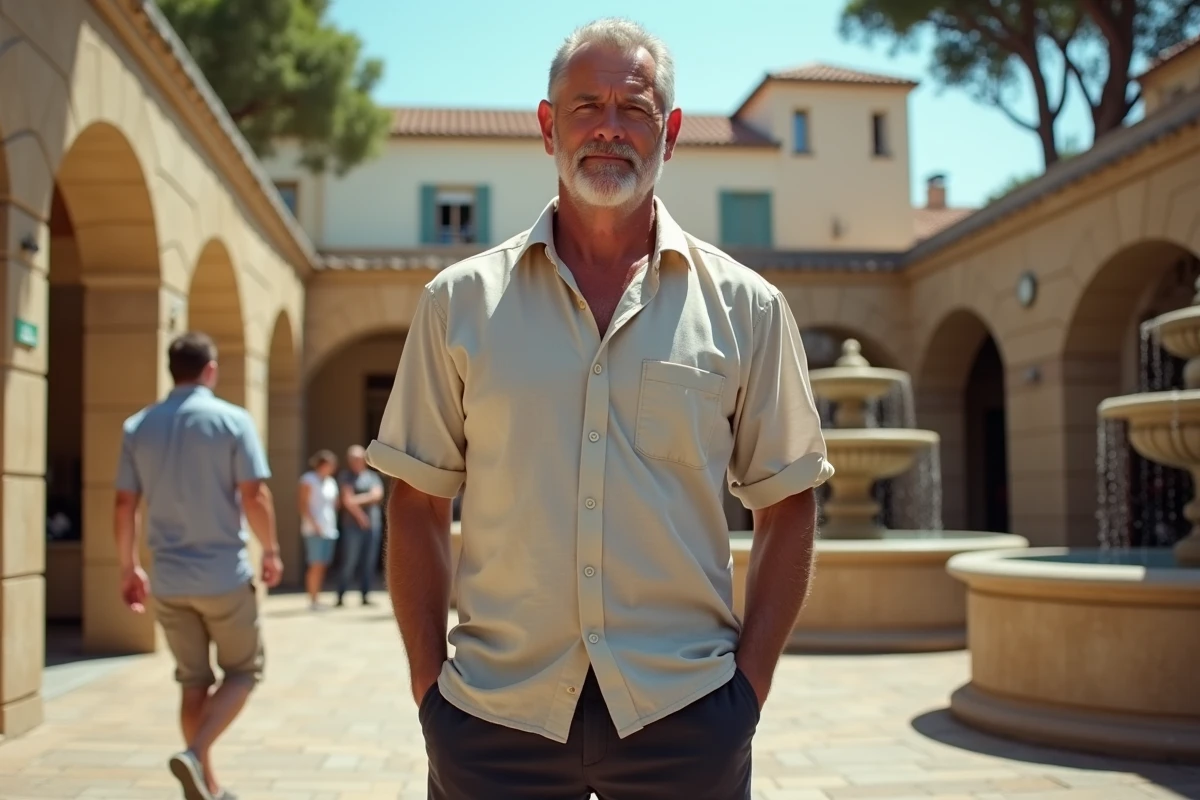 Grand homme en chemise de lin sur une place du sud de la France, évoquant la carrière et la présence physique de Vincent Lagaf aujourd'hui