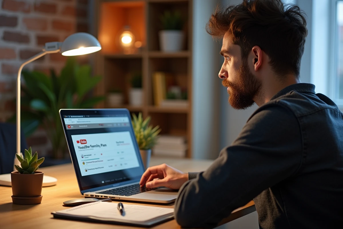 Homme analysant les tarifs du plan familial YouTube Premium sur son ordinateur portable dans un bureau à domicile