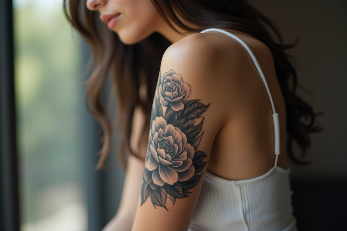 Avant-bras d'une femme avec tatouage peony noir et gris