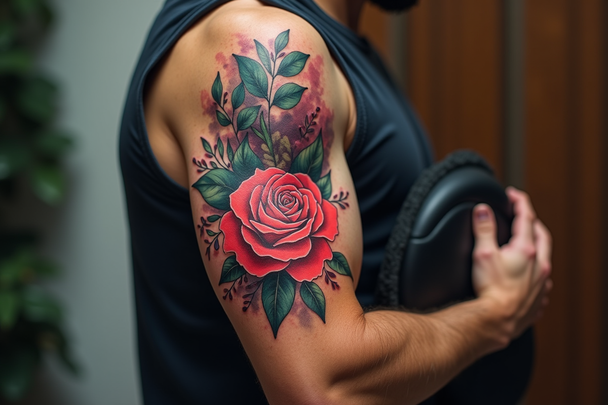 Bras masculin avec tatouage rose aquarelle vif