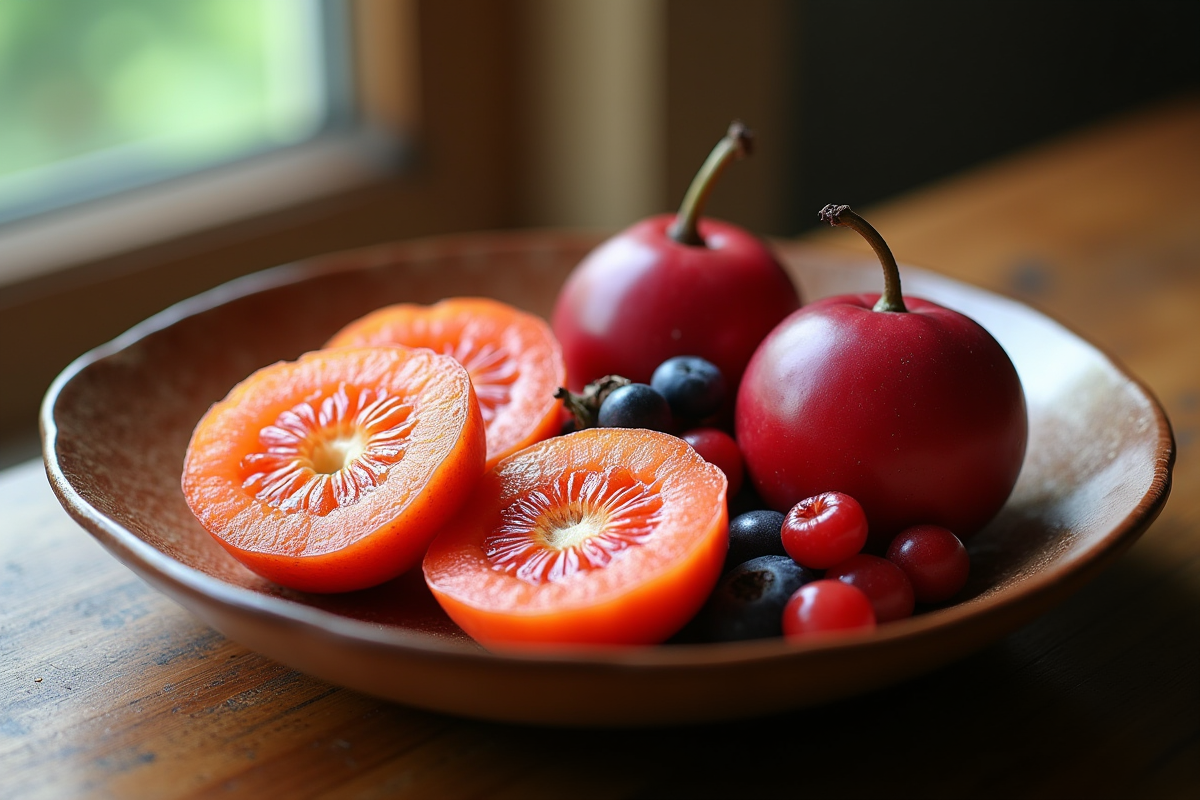 Tranches de fruit bael baignant dans une assiette en céramique rustique