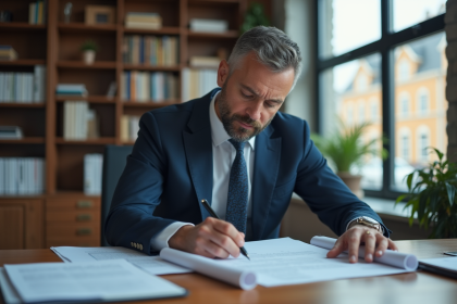 Homme en costume bleu examine des plans urbains dans un bureau moderne