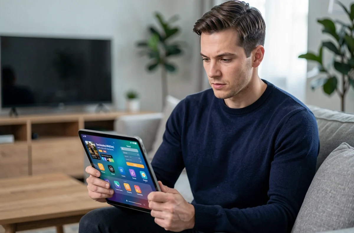 Homme vérifiant les paramètres de son compte Scopely sur une tablette dans un salon moderne