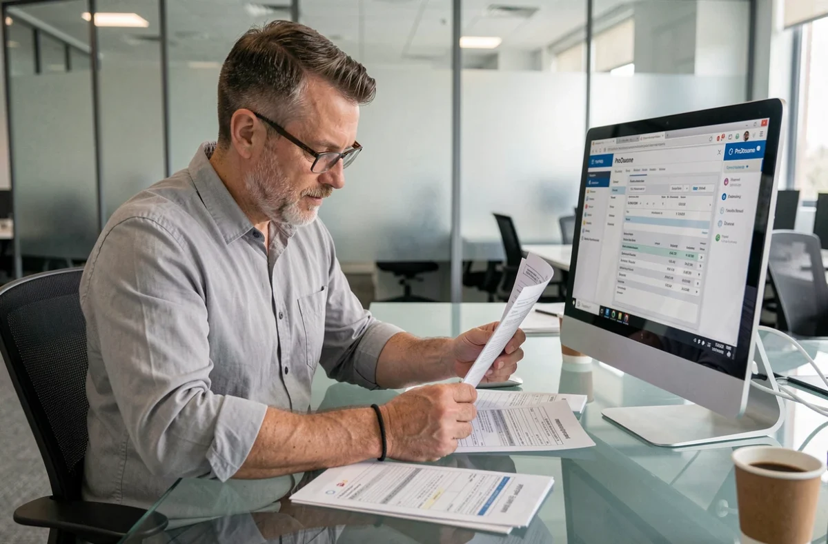 Homme consultant des formulaires douaniers devant un écran affichant ProDouane dans un bureau professionnel