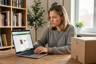 Femme vérifiant le suivi de colis LP Collect sur son ordinateur portable depuis son bureau à domicile