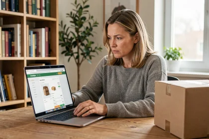 Femme vérifiant le suivi de colis LP Collect sur son ordinateur portable depuis son bureau à domicile