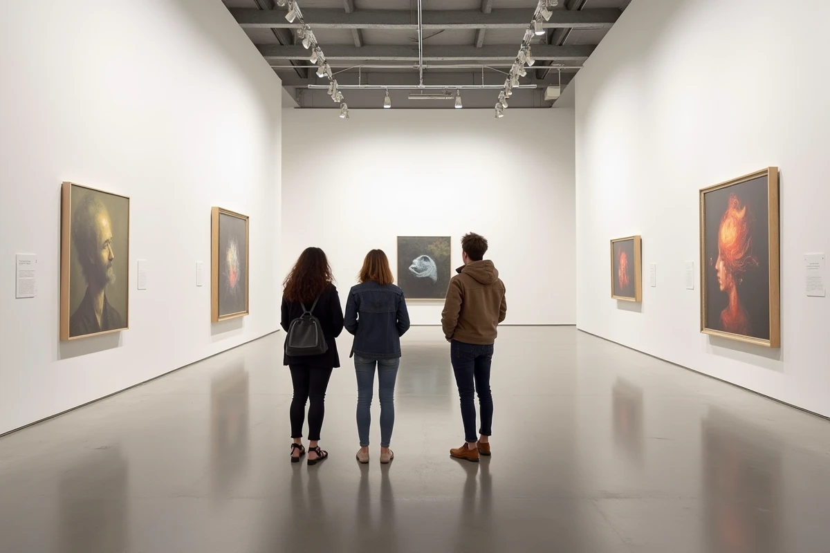 Visiteurs découvrant des œuvres d'art contemporain lors d'une exposition dans la galerie Pharenheit