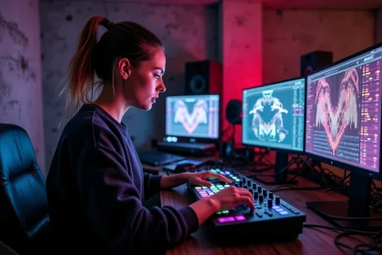 Une visual jockey concentrée devant ses écrans et contrôleurs MIDI dans une salle de club avec des visuels génératifs colorés