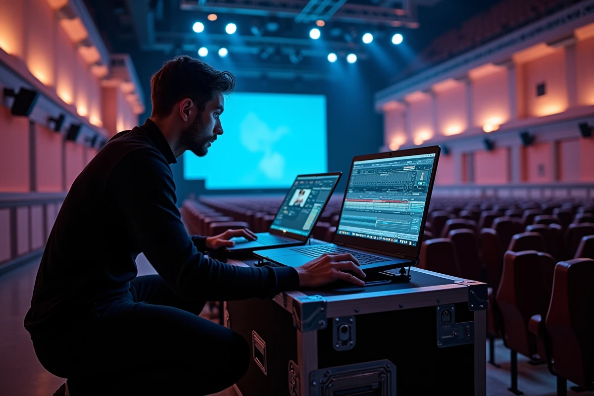 Un visual jockey en préparation avant un concert dans une salle vide avec logiciel VJ ouvert sur écrans et scène LED en fond