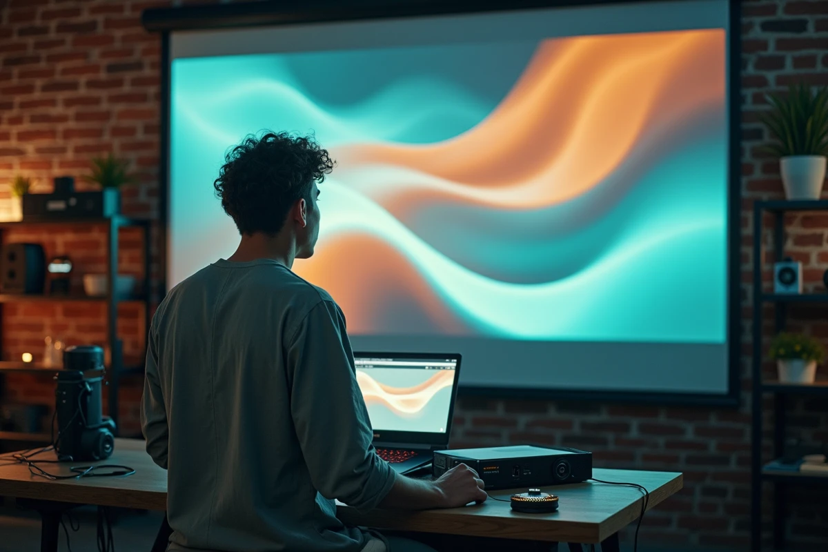Un jeune homme debout devant une grande projection de visuels VJ dans un studio créatif collaboratif avec briques apparentes